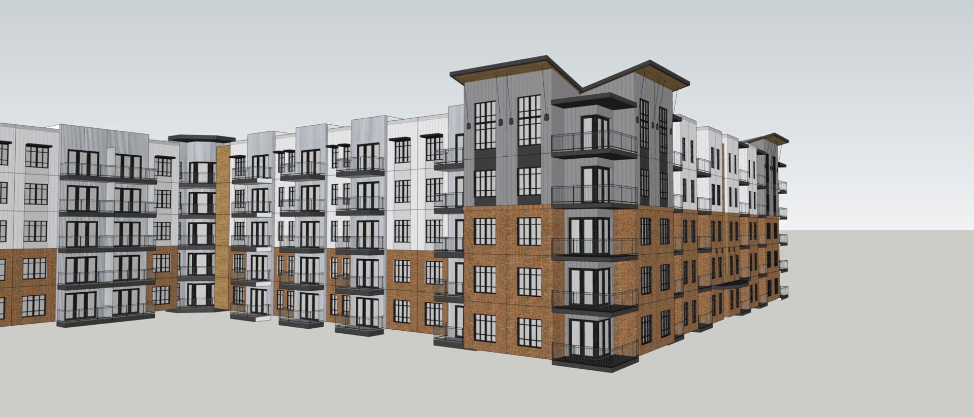 Modern multi-story apartment building design rendering.