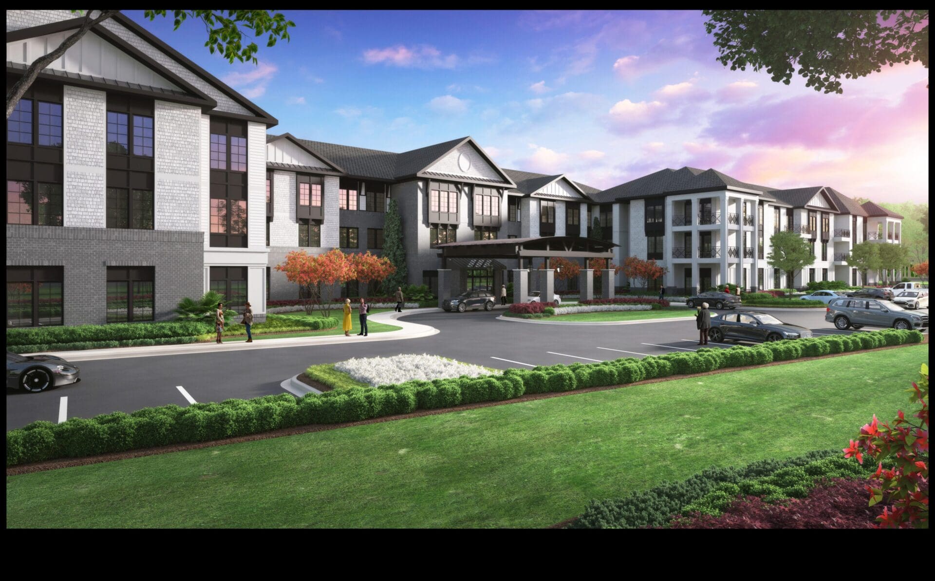 Modern residential building with landscaped surroundings.