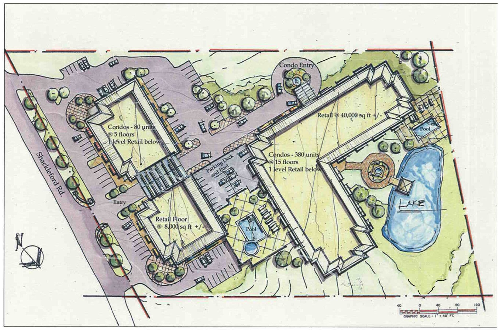 Architectural site plan with buildings and lake.