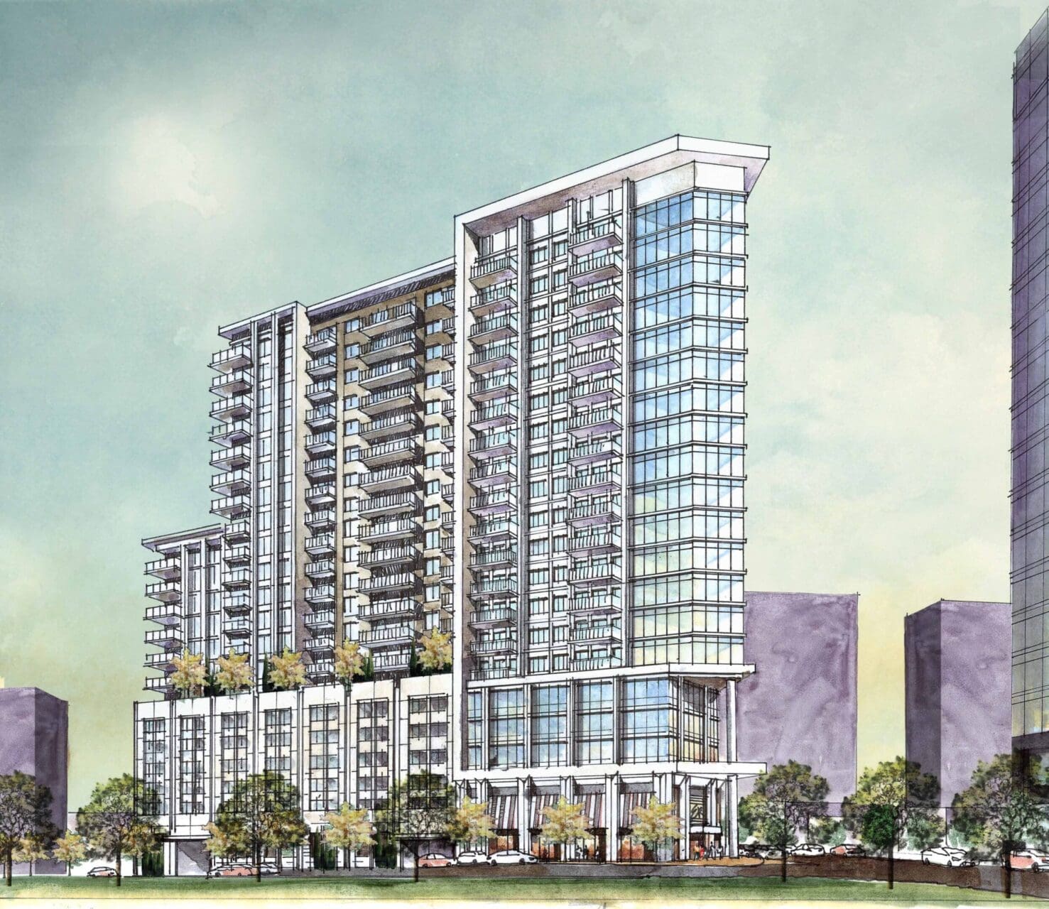Modern high-rise building with green surroundings.