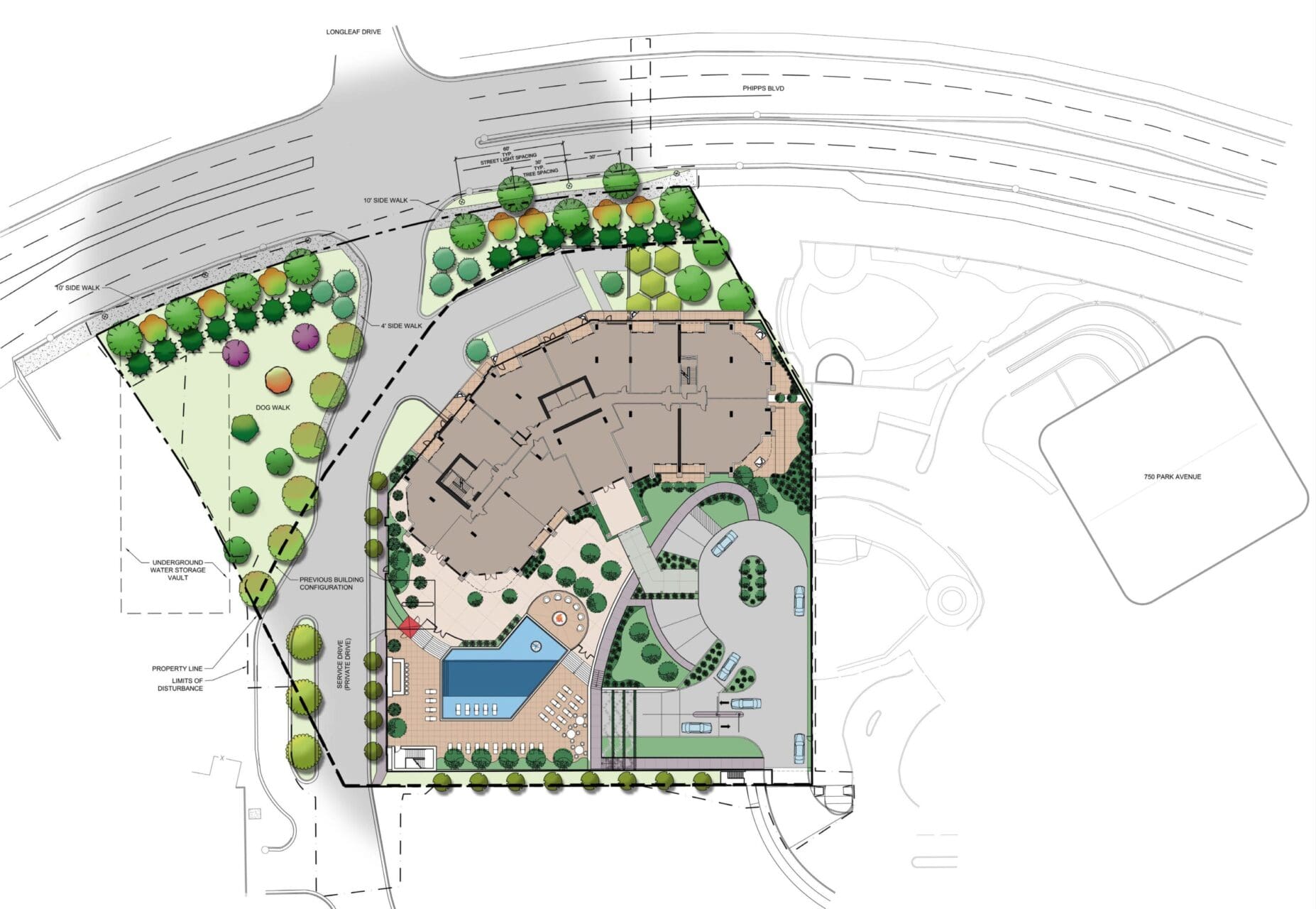 Architectural site plan with landscape and buildings.