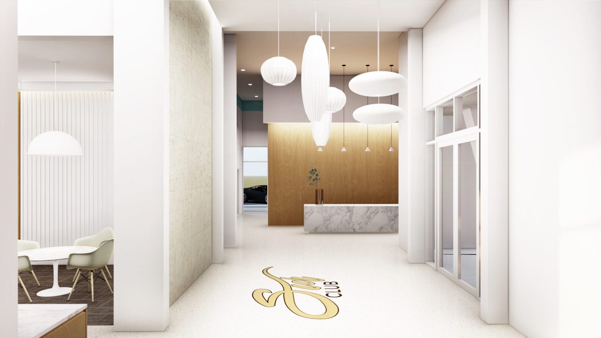 Modern lobby with elegant lighting fixtures.