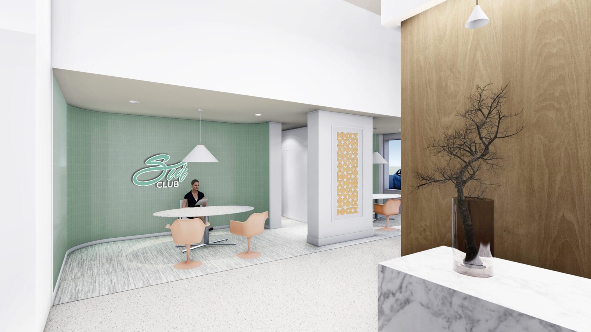Modern mint-green lounge with round white table