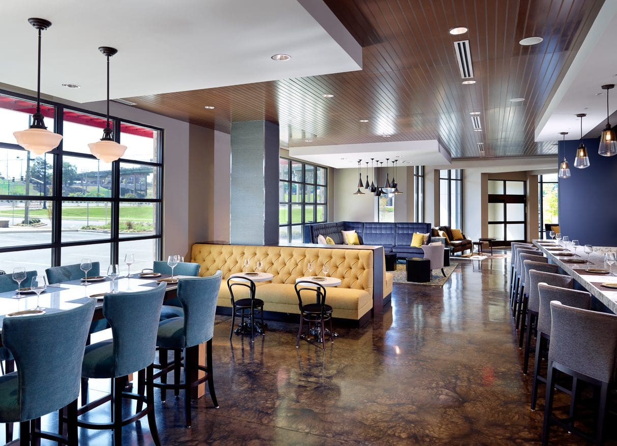 Modern restaurant interior with elegant seating arrangement.