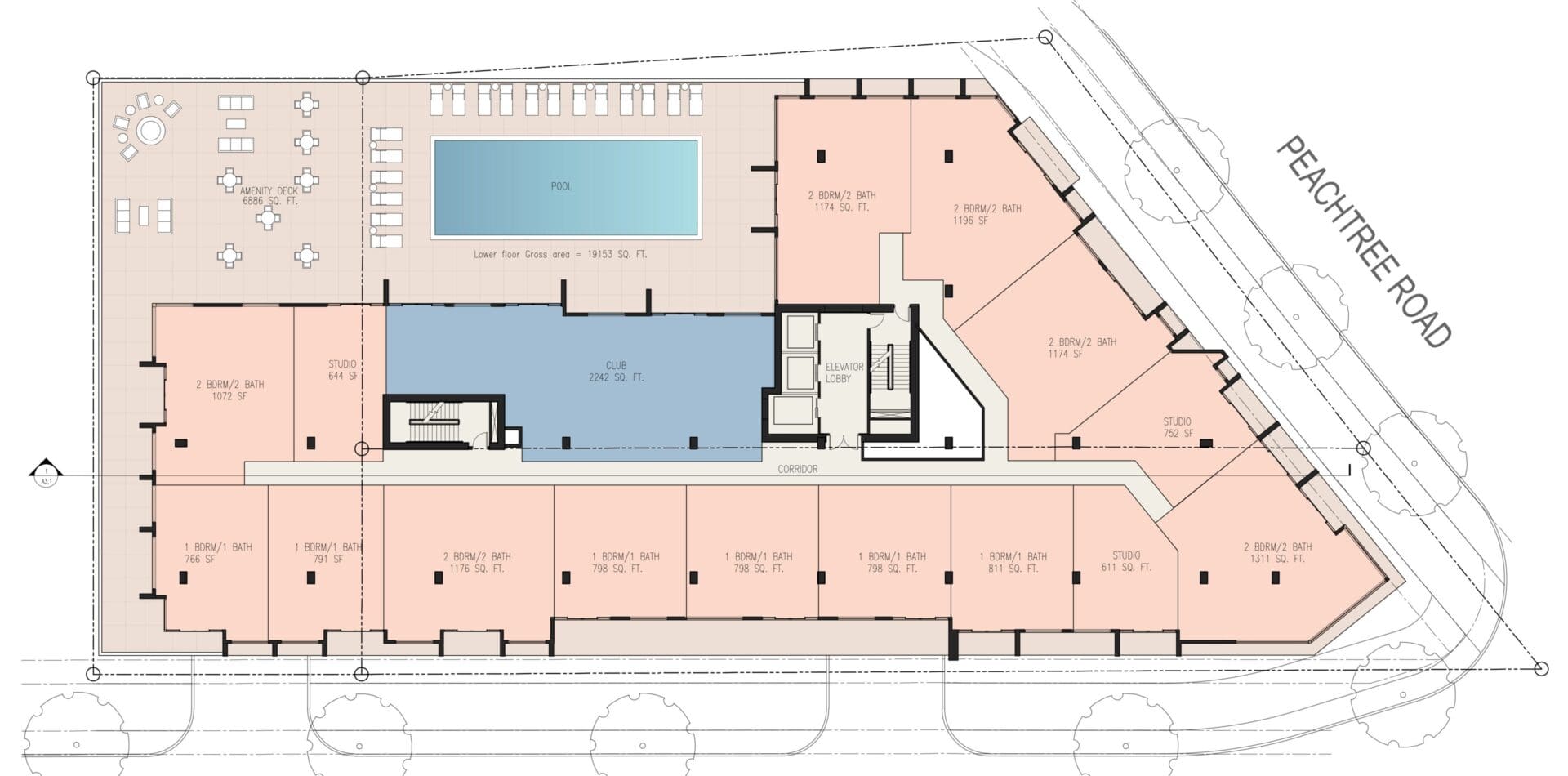 Building floor plan with pool and rooms.