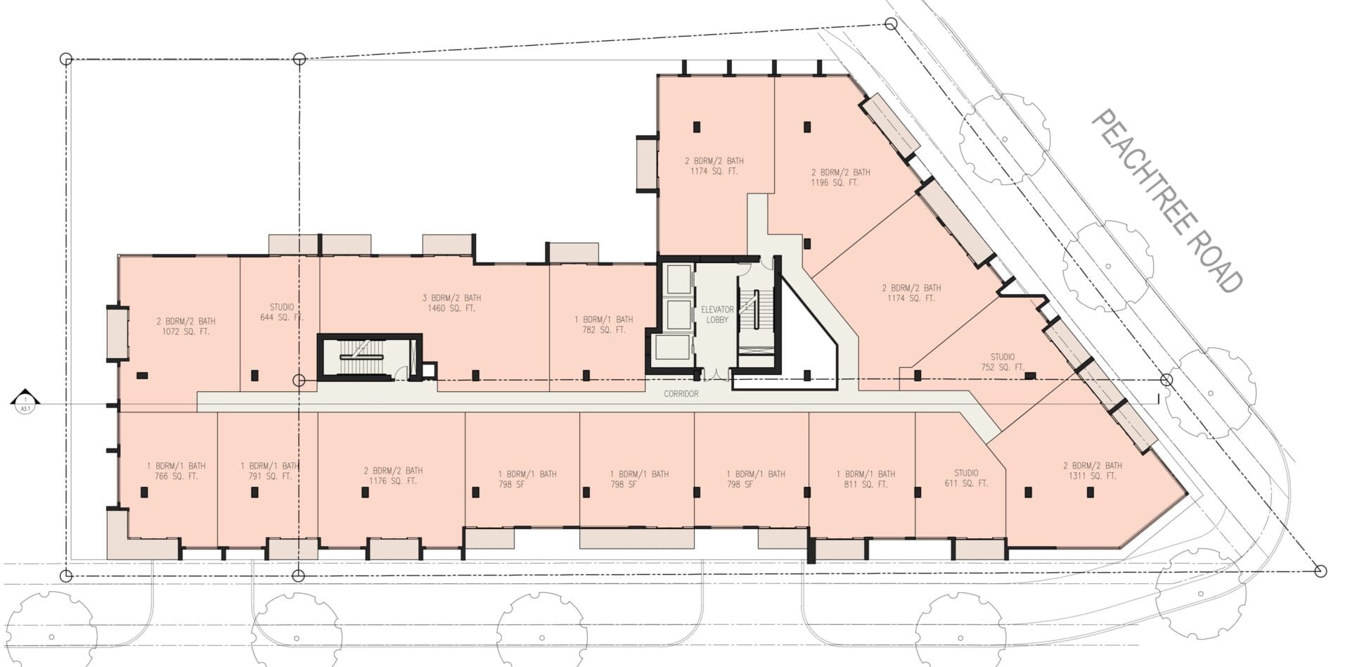 Triangular commercial floor plan along Peachtree Road
