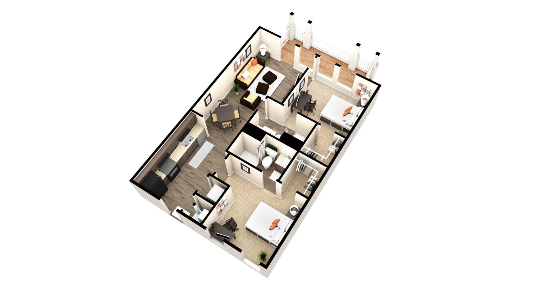 3D apartment floor plan with furniture layout.