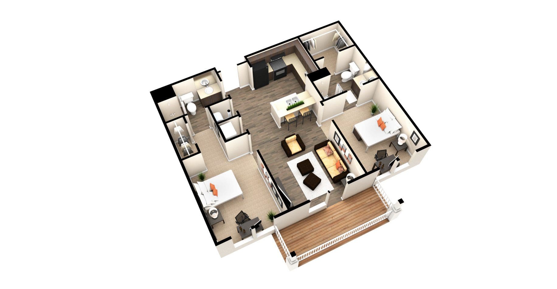 3D apartment floor plan with three bedrooms.