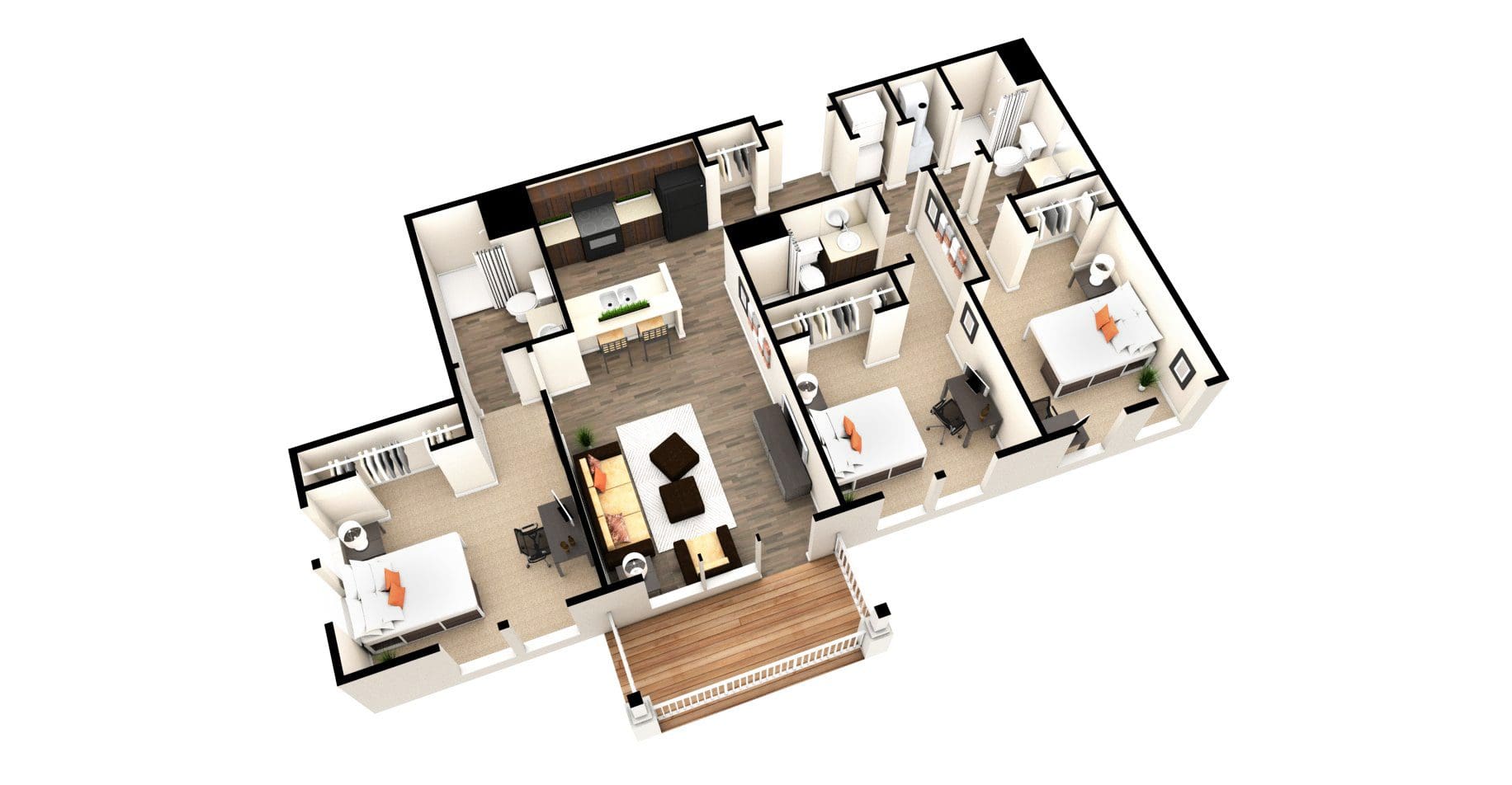 3D floor plan with multiple rooms.