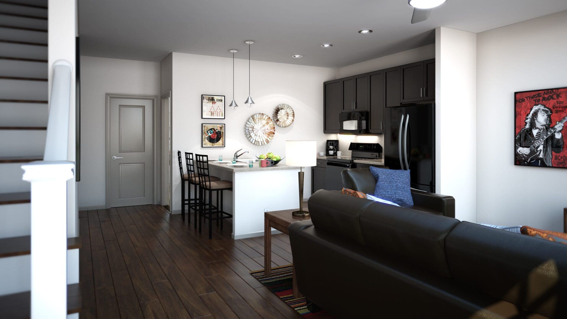 Modern open-concept living room and kitchen.
