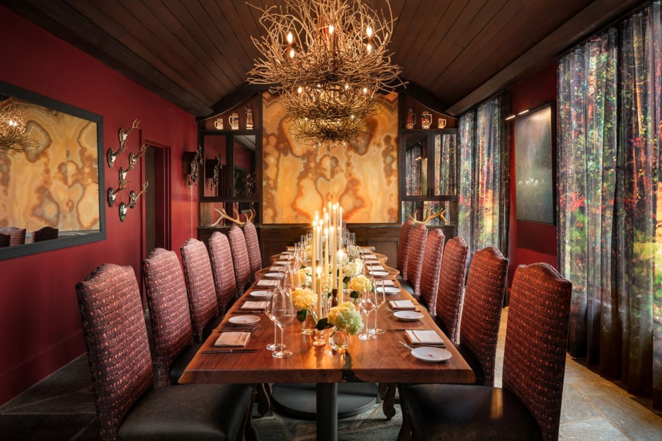 Elegant dining room with long table setup.