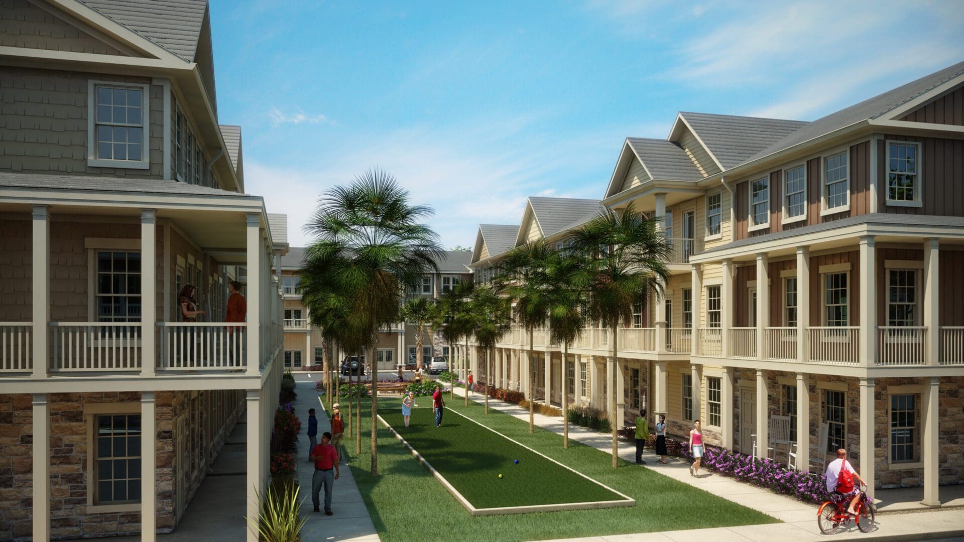 Townhouses with central green courtyard area.