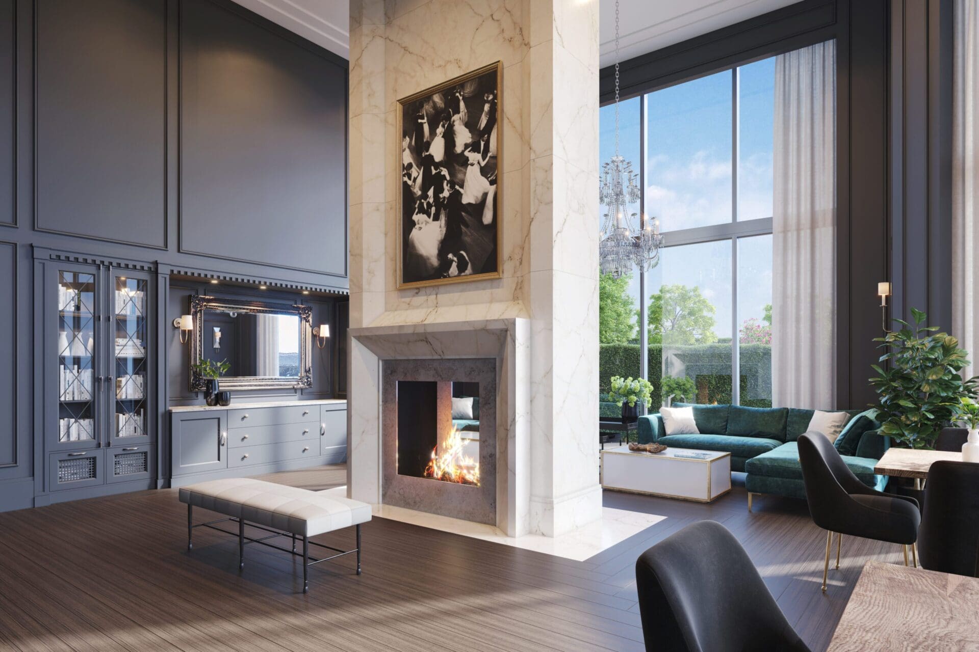 Luxurious living room with fireplace and chandelier.