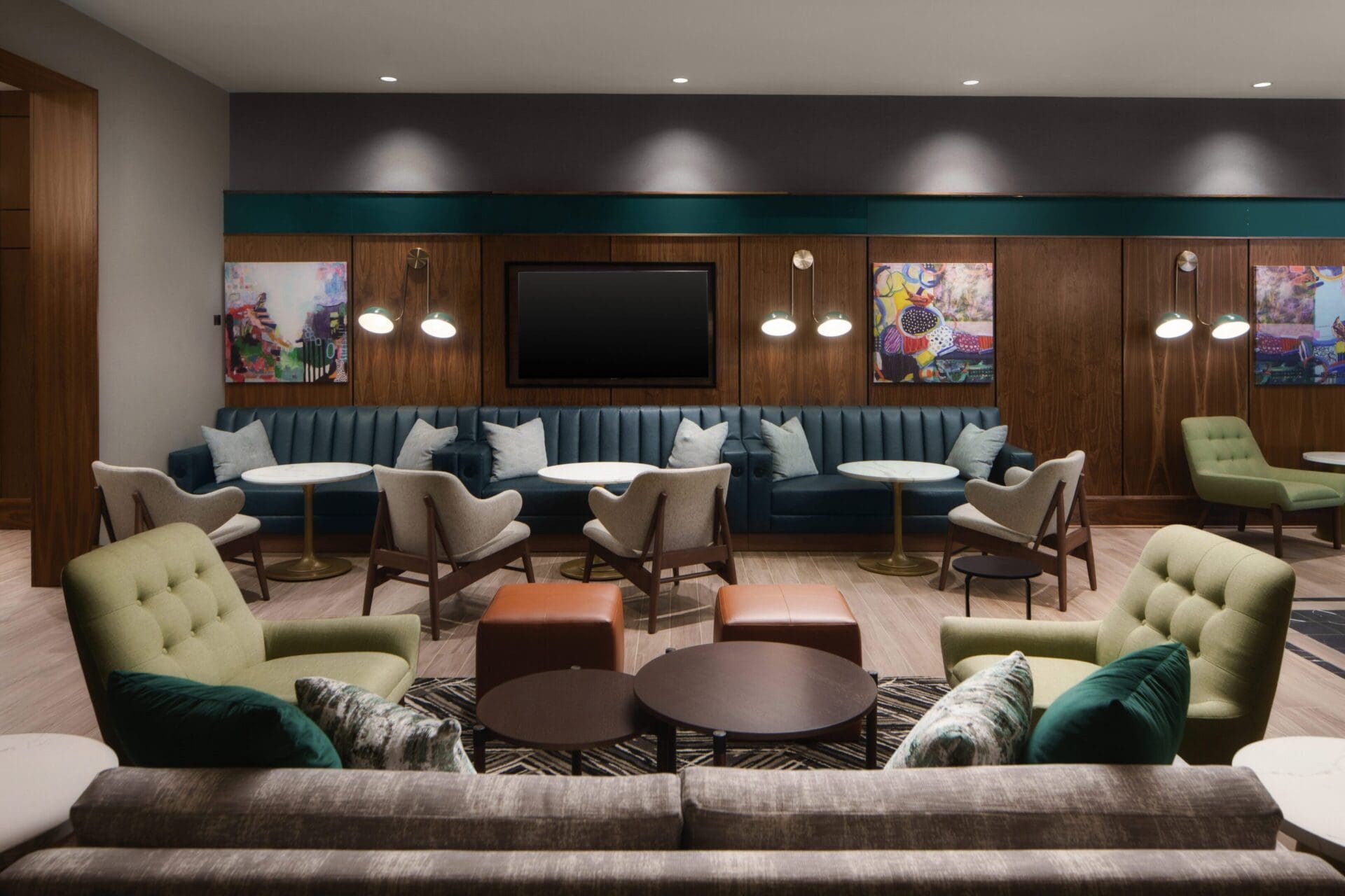 Contemporary hotel lounge with sofas and artwork
