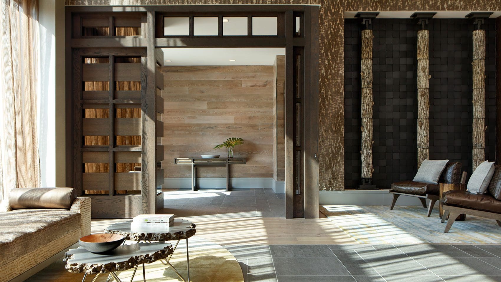 Modern living room with elegant wooden accents.