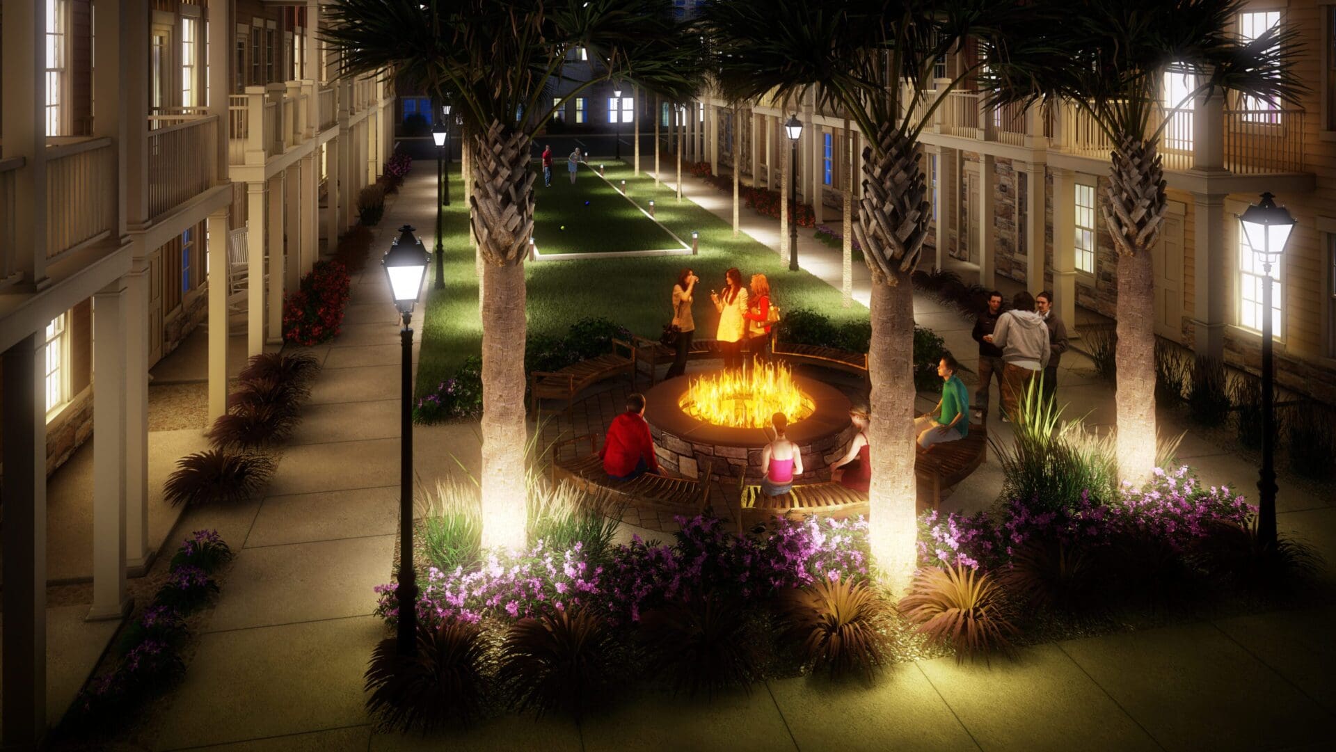 People gathered around a fire pit outdoors.