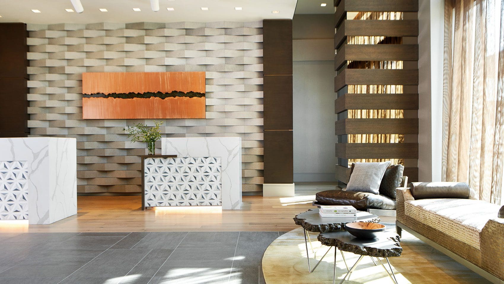 Modern hotel lobby with stylish decor.