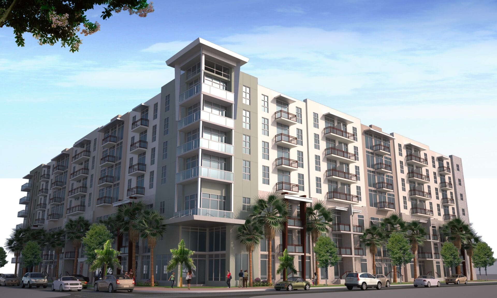 Modern apartment building with palm trees outside.