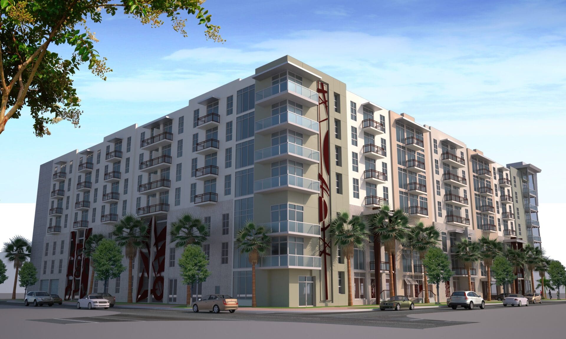 Modern mid-rise apartment building with balconies