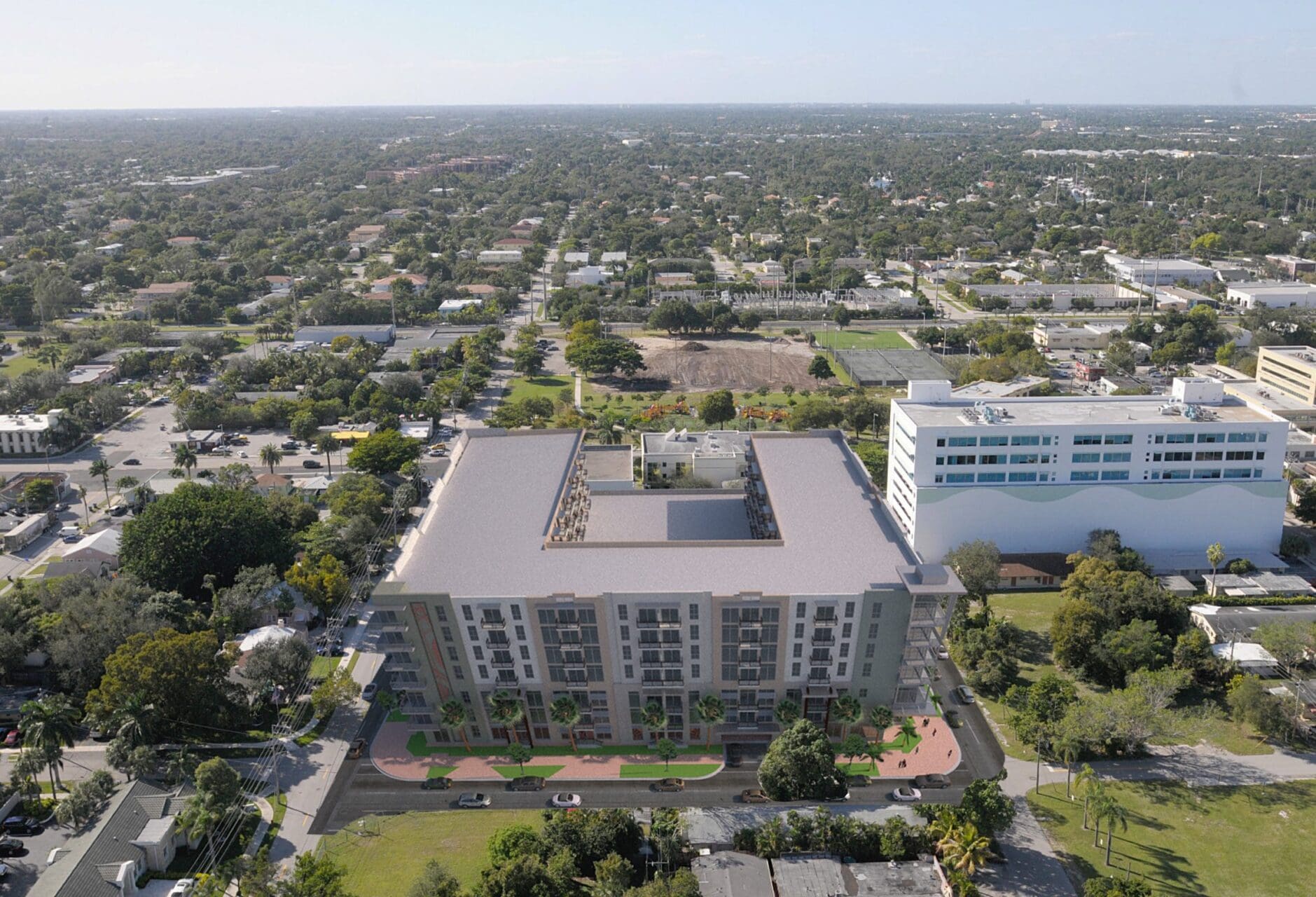 Aerial view of urban building complex.