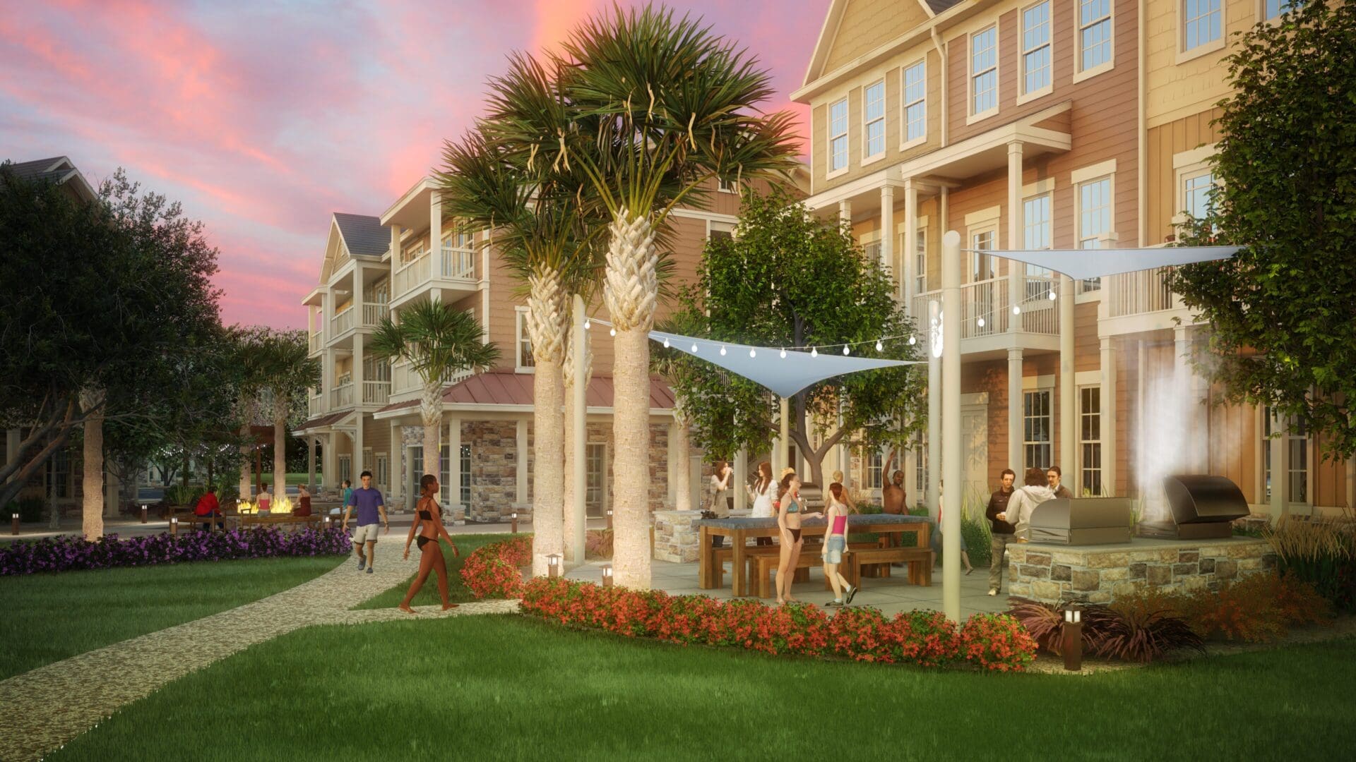 Courtyard with people near modern residential buildings.