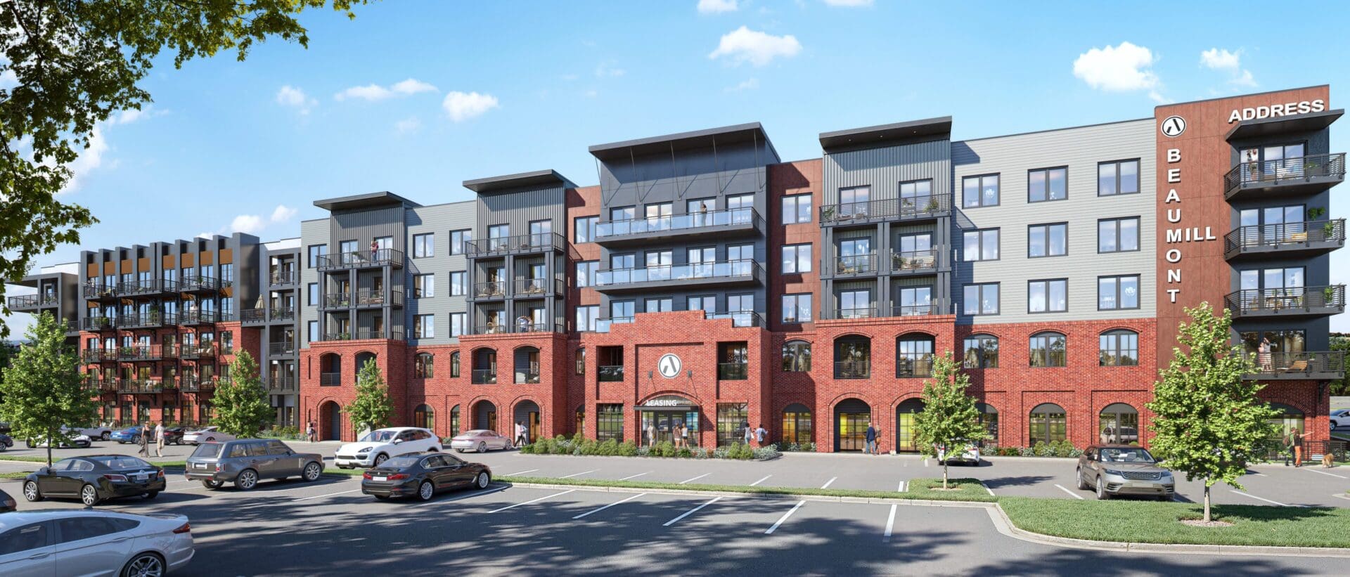 Five-story brick-and-glass apartment complex