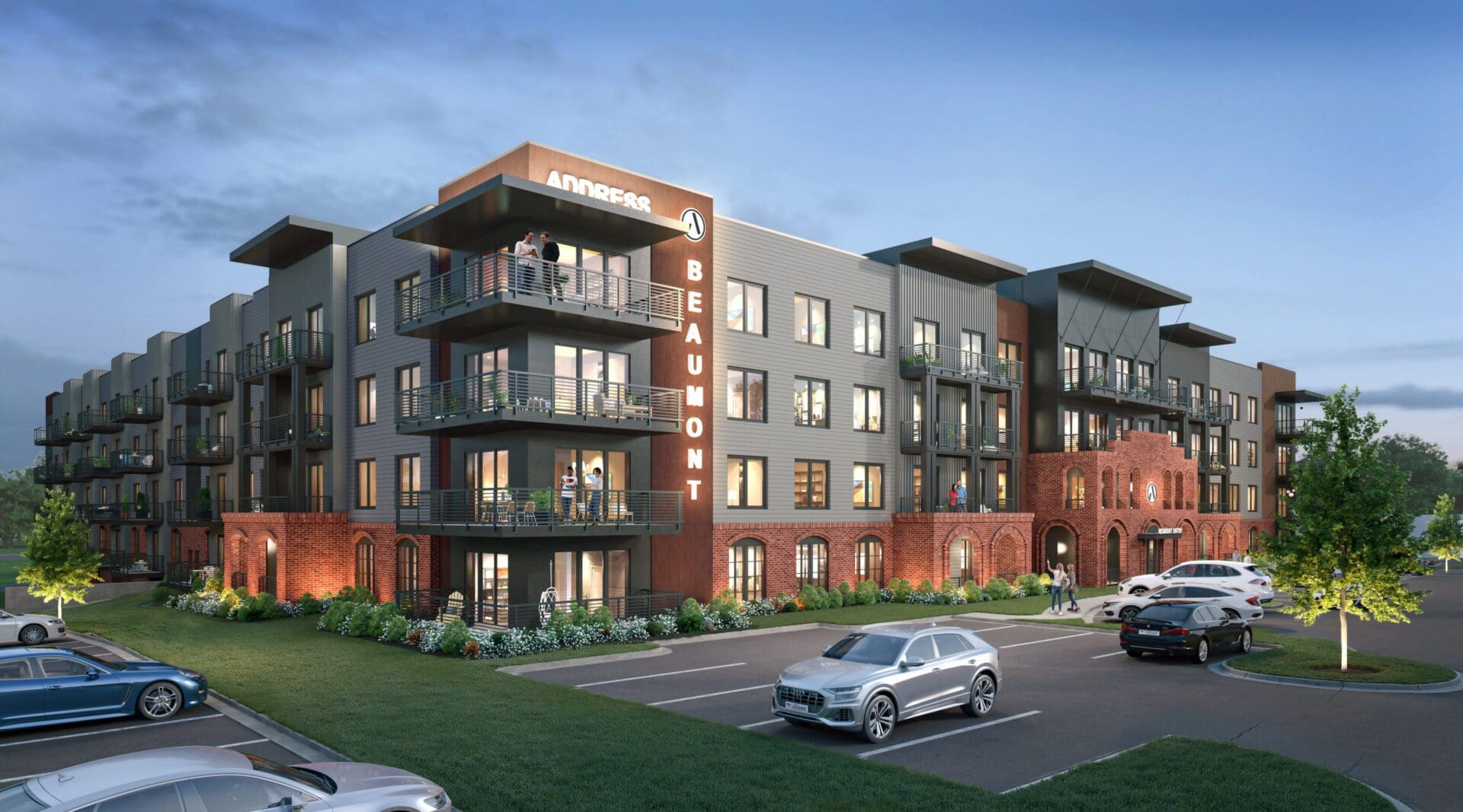 Modern Beaumont apartments exterior at dusk