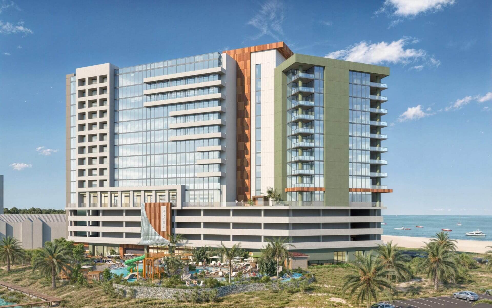 Beachfront hotel with modern architectural design.