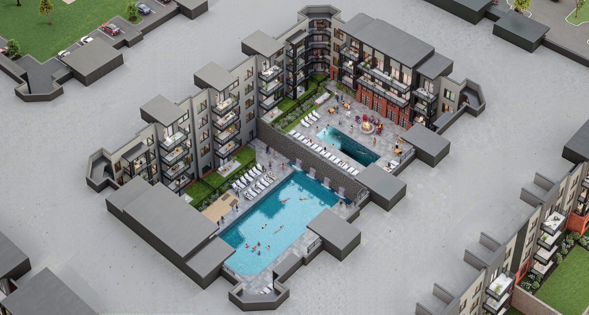Aerial view of modern apartment complex courtyard.