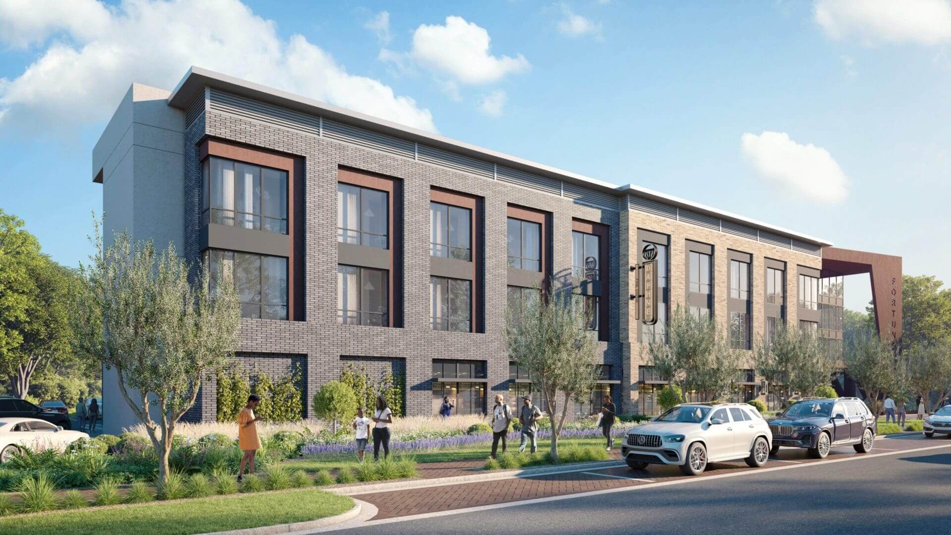 Modern building with parked cars and trees.